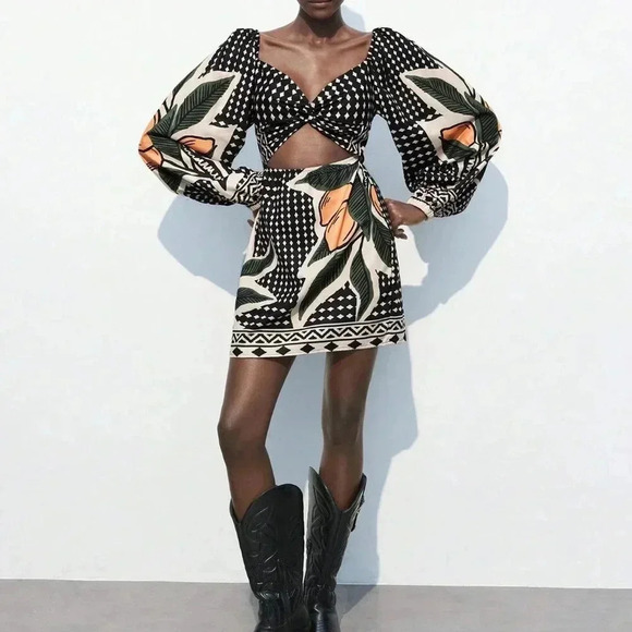 Black And White Boho Women's Floral Print Twist Hollow Out Casual Short Dress - Picture 1 of 9